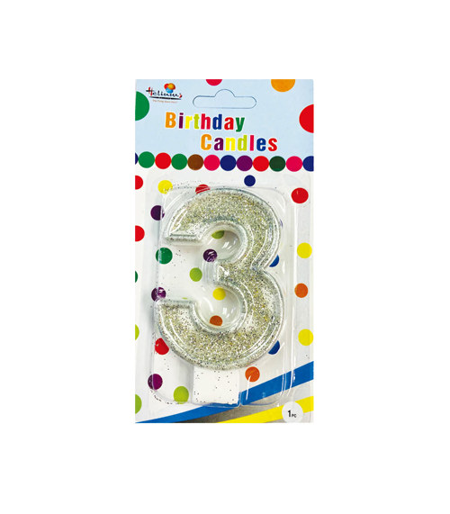 SILVER NUMERAL BDAY CANDLE #3