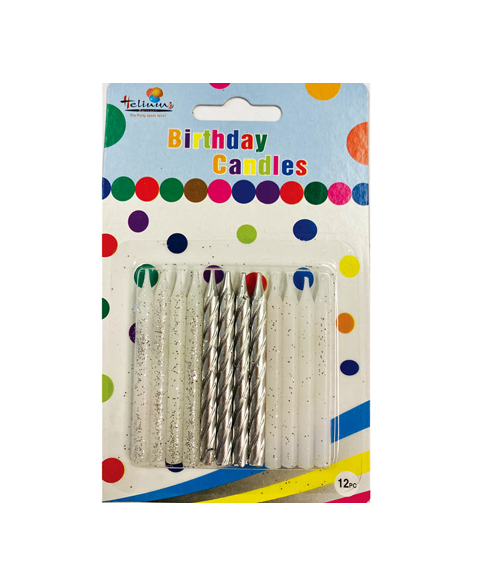 12CT SILVER & GLITTER BDAY CANDLE