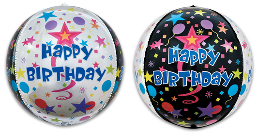 16O NE ORB SPHERE HAPPY BIRTHDAY STARS BALLOONS BLACK & SILVER