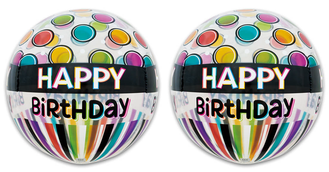 16O NE ORB SPHERE HAPPY BIRTHDAY DOTS & STRIPES CLEAR