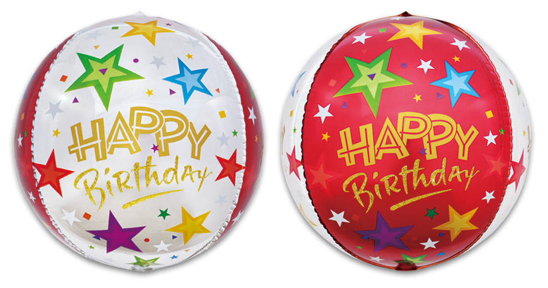 16O NE ORB SPHERE HAPPY BIRTHDAY STARS RED & SILVER