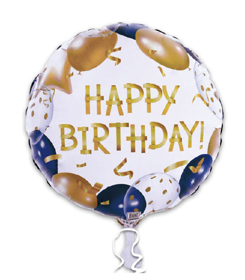 Happy Birthday Gold Script Blue & Gold Balloons