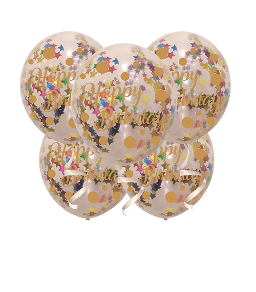 12" 6Ct Hb Printed Gold On Clear Balloon W/Multi-Colored Star Confetti..